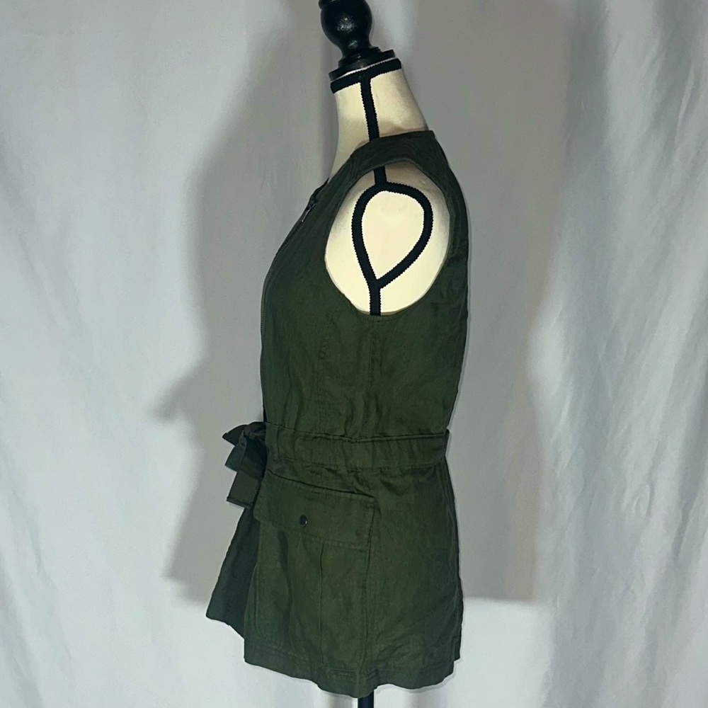 Athleta Linen Vest Top Army Green XS Zip Up Tie Waist Pockets Military Biker - Picture 2 of 8